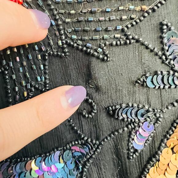 Vintage 80s 90s Floral Beaded Sequin Silk Long Sleeve Black Sheath Dress size L - Picture 8 of 15